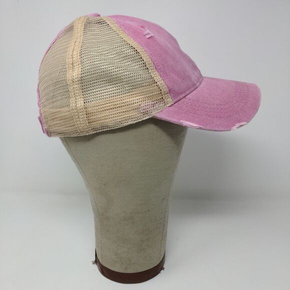 C.C. Womens Strapback Mesh Back Hat Pink Adjustable Distressed - Picture 5 of 12